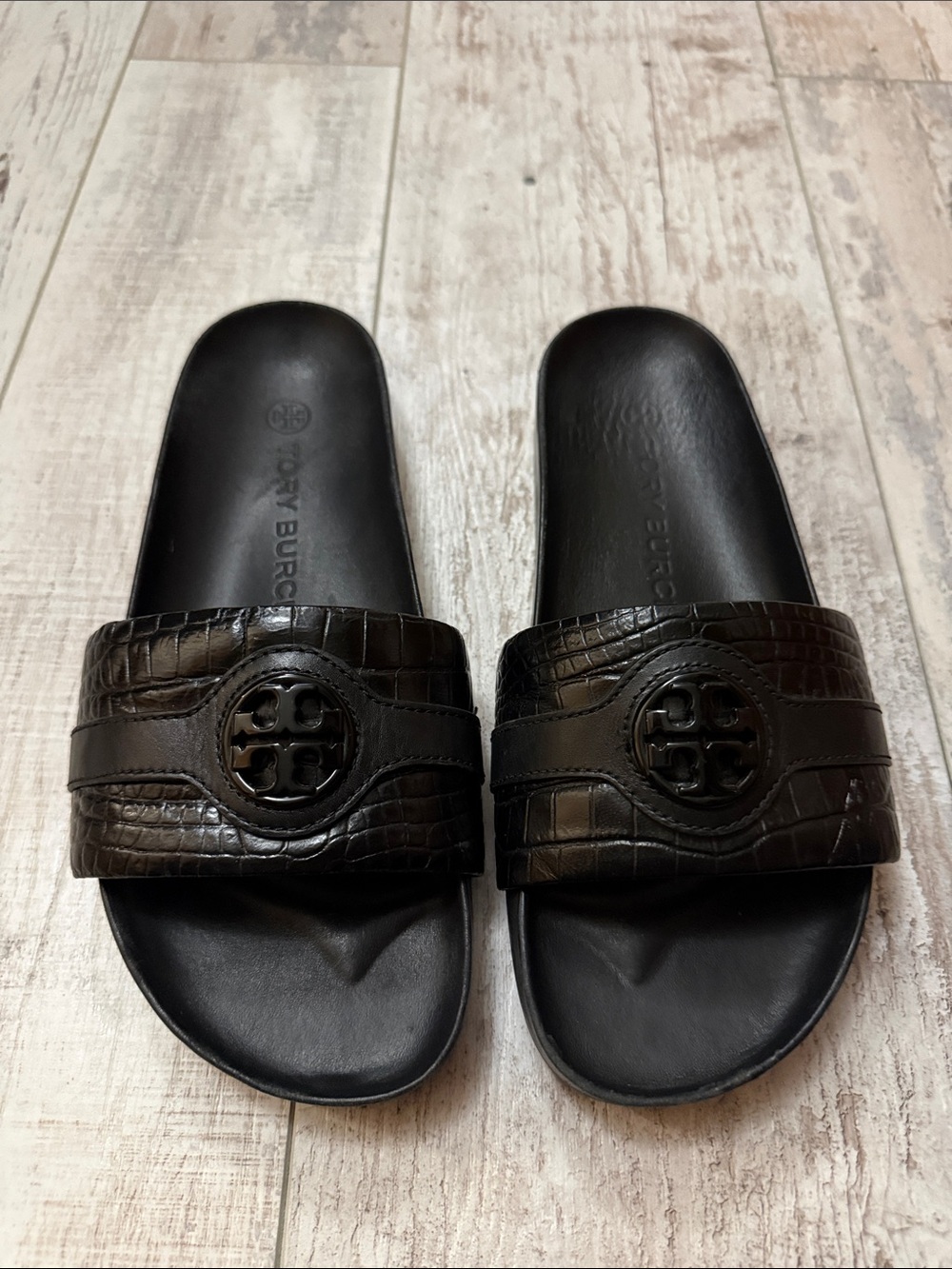 Tory Burch Black Croc-Embossed Logo Slide Sandals